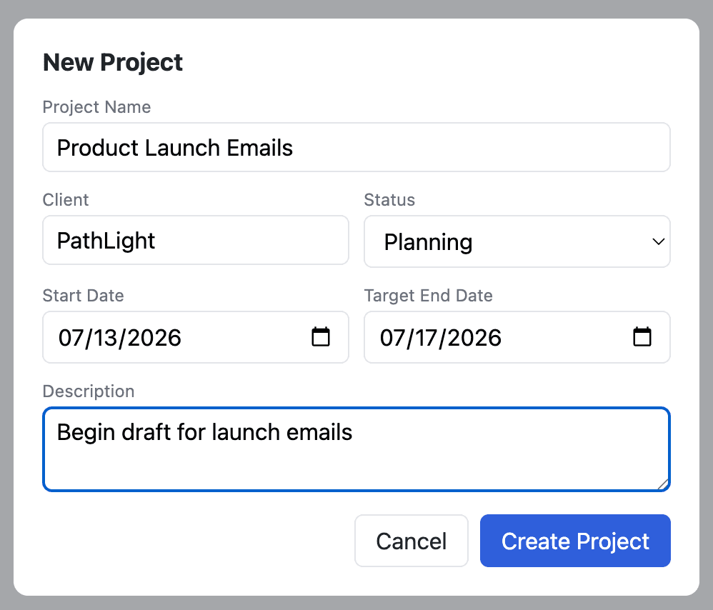 New Project modal with client, status, dates, and description fields