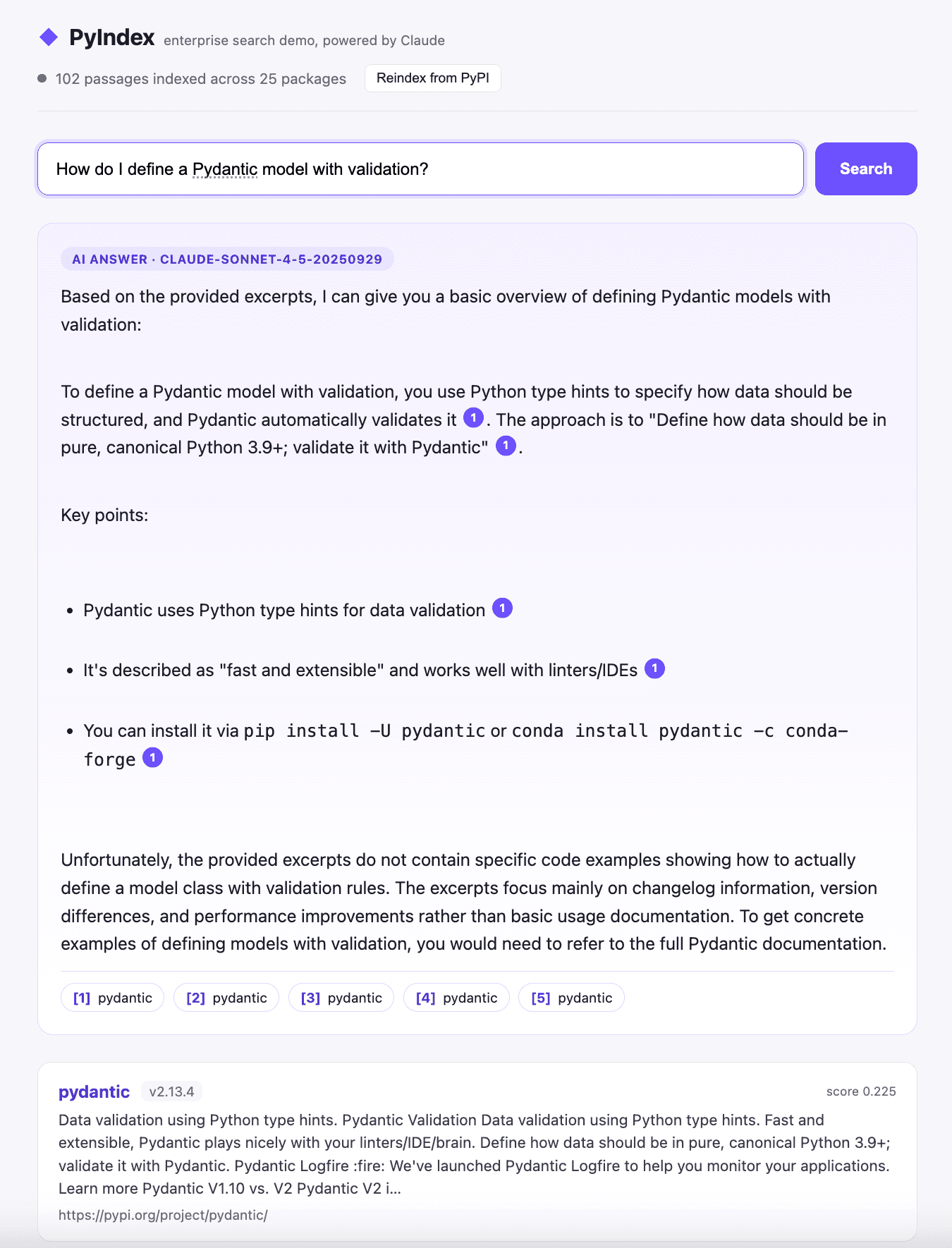 Claude-generated AI Answer with inline citation chips for a Pydantic validation question