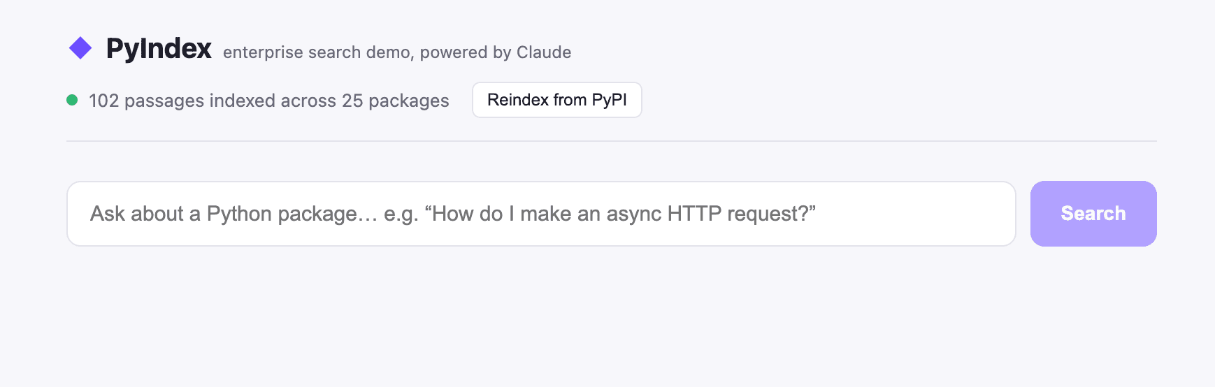 PyIndex search bar with the index status showing passages indexed across 25 packages