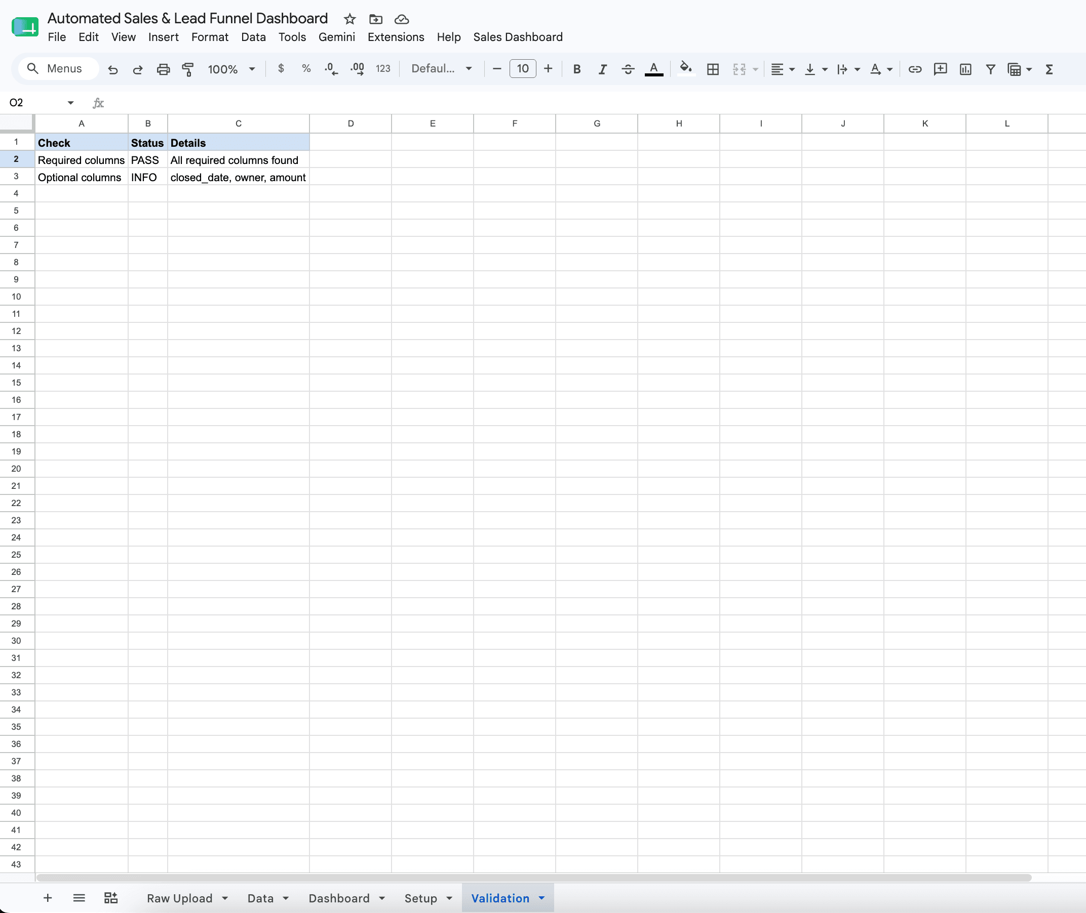 Validation tab confirming required and optional columns were found