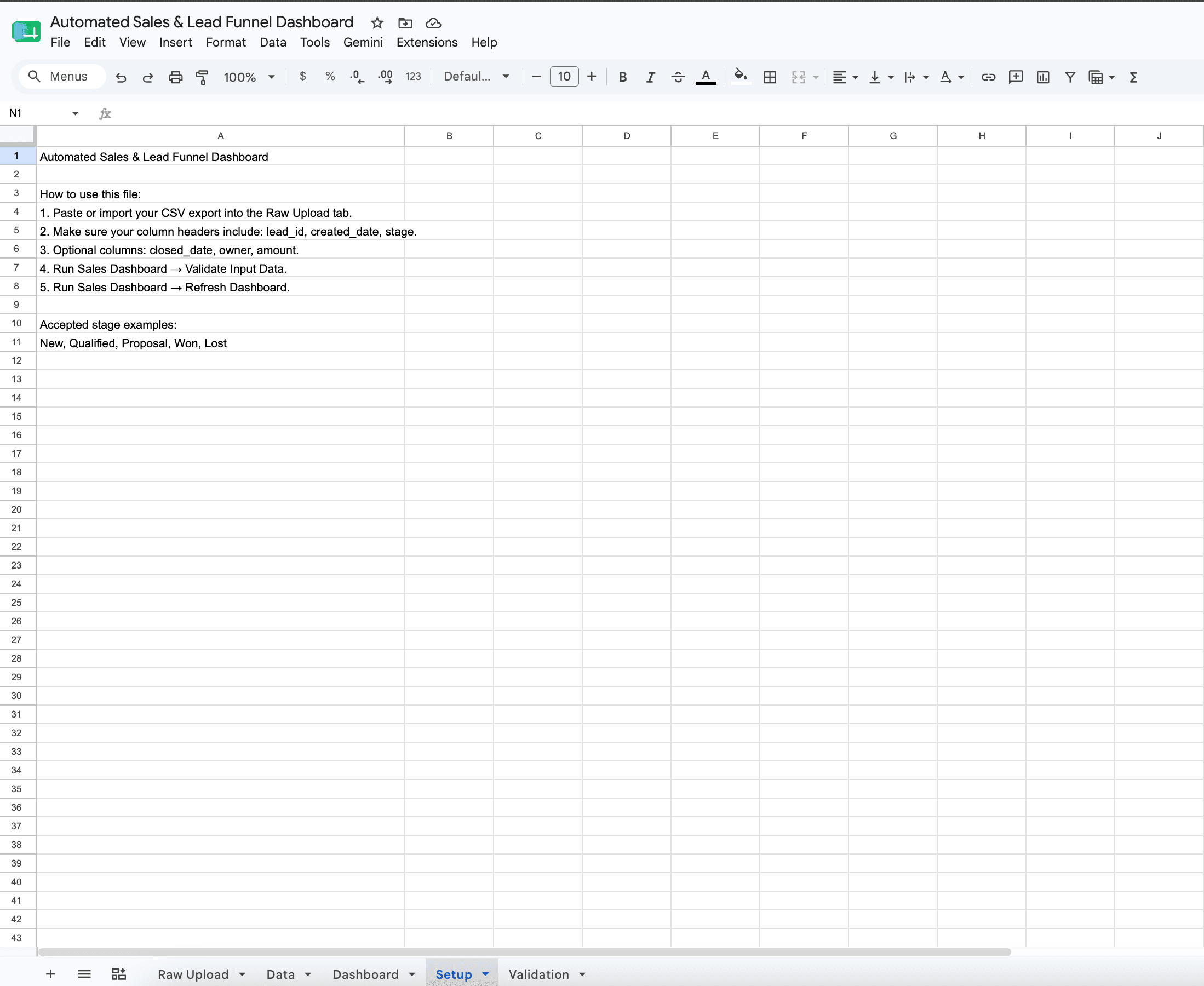 Setup tab explaining how to import data and required columns