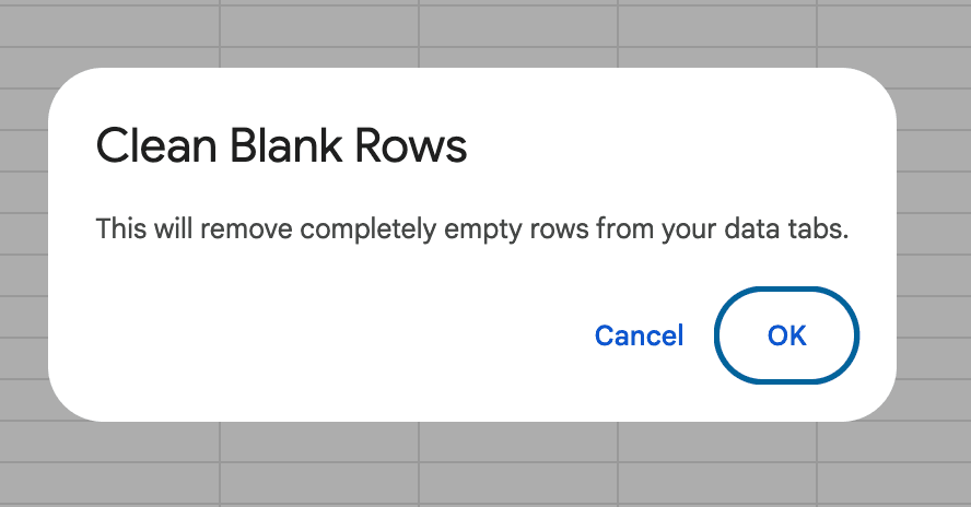 Clean Blank Rows confirmation dialog