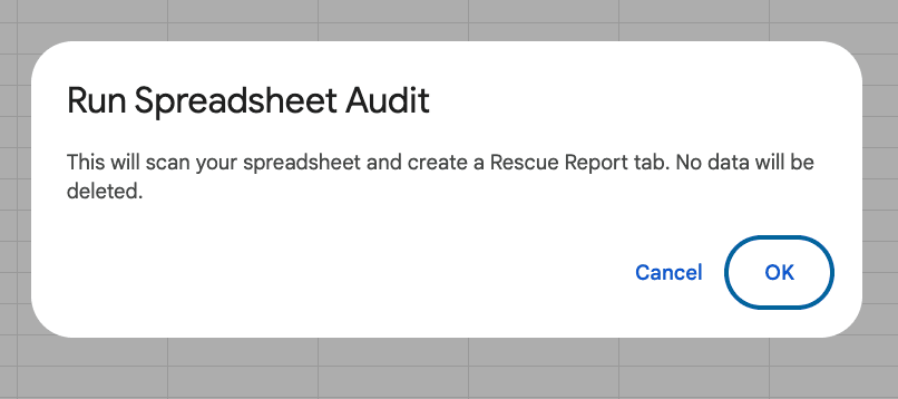 Run Spreadsheet Audit confirmation dialog