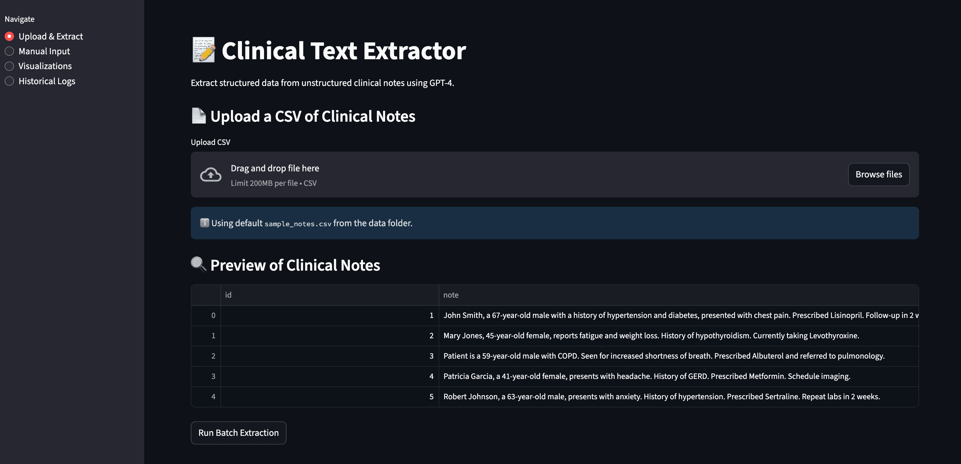 Upload and Extract view