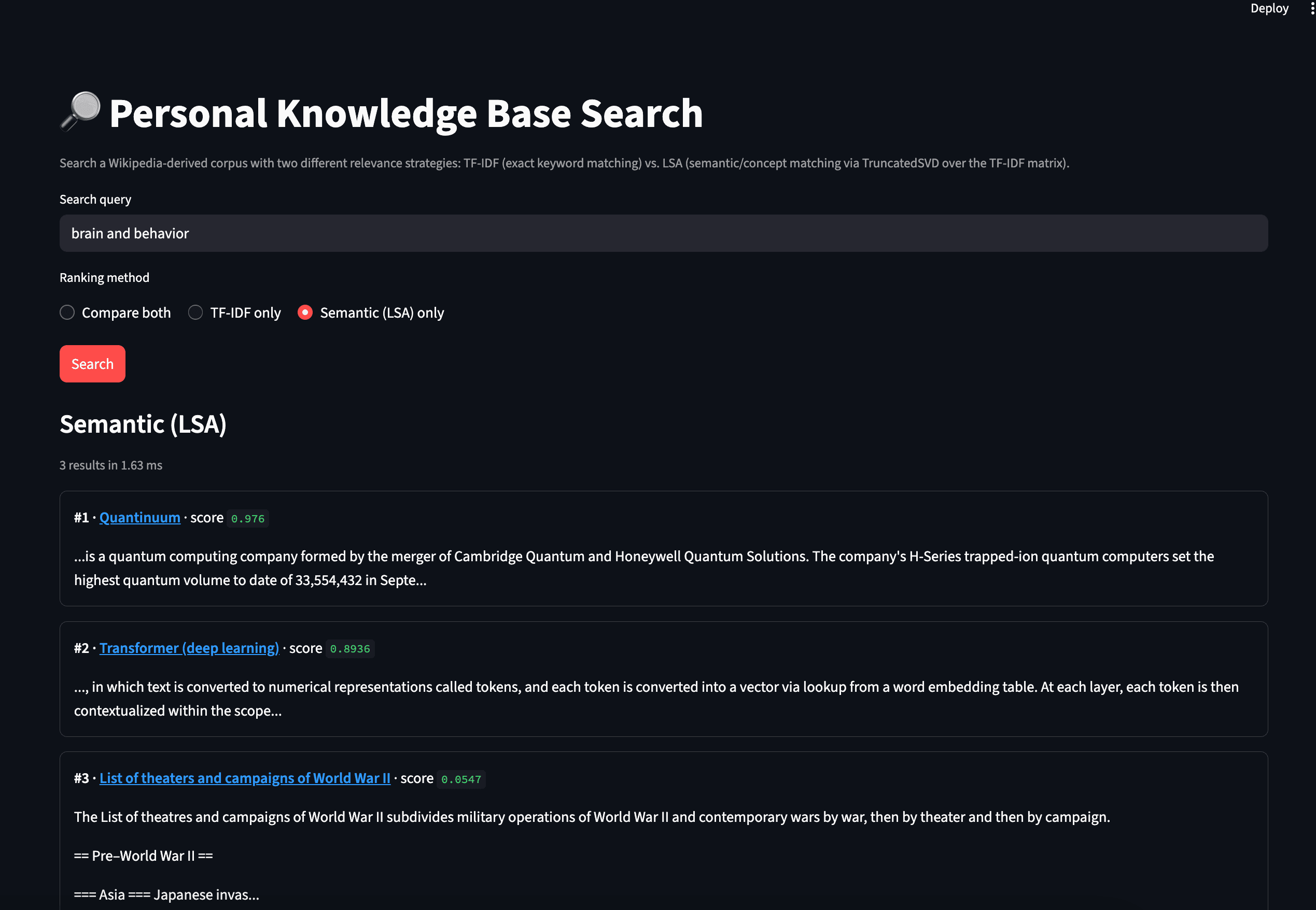 Semantic (LSA) only results for the query 'brain and behavior'