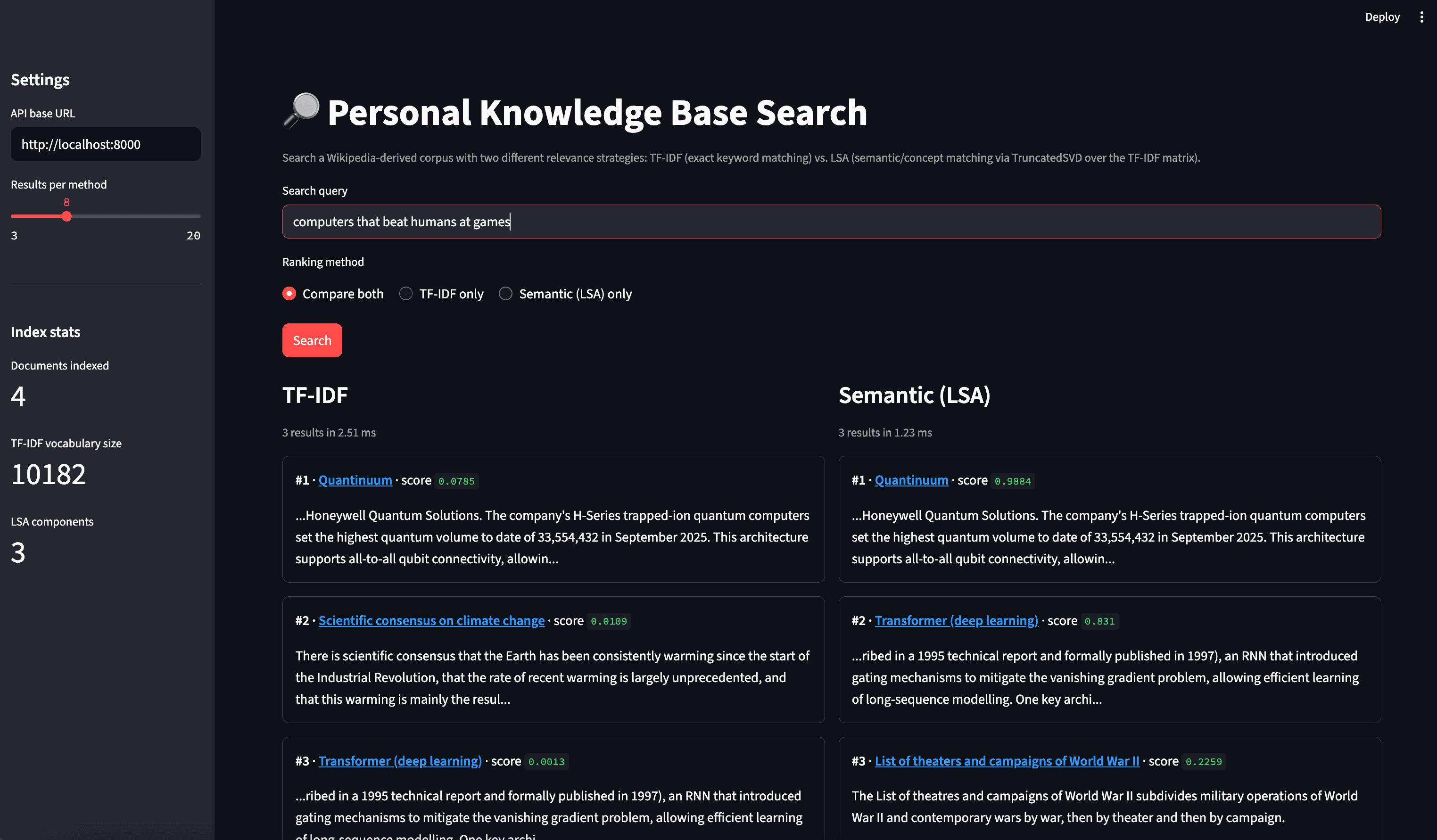 Compare both view for the query 'computers that beat humans at games' showing TF-IDF and semantic LSA results side by side