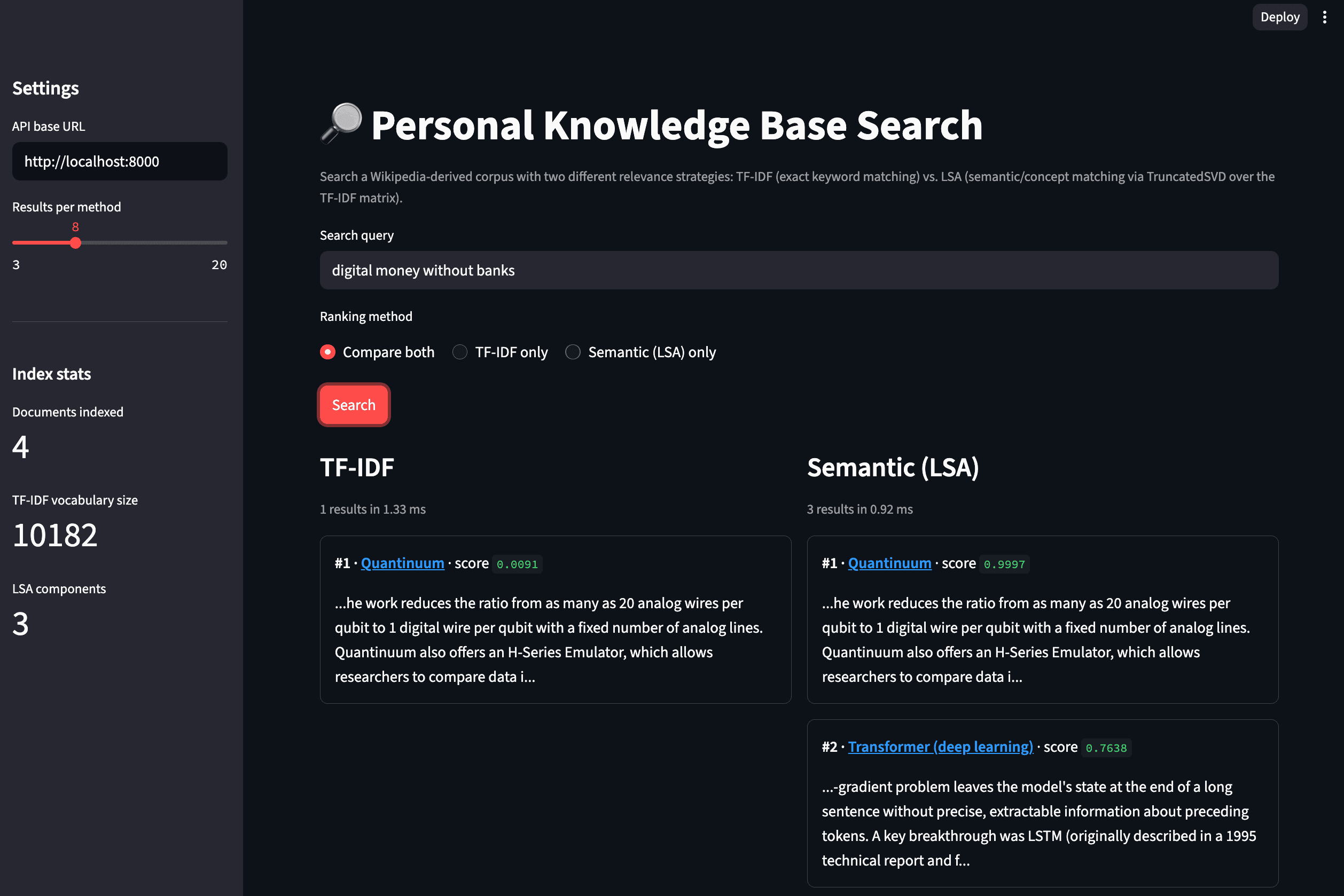 Compare both view for the query 'digital money without banks' showing TF-IDF and semantic LSA results side by side