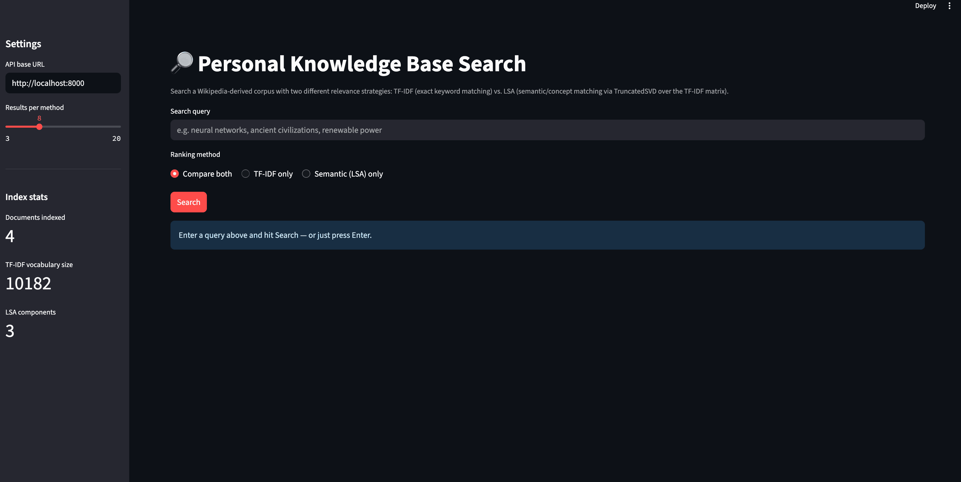Personal Knowledge Base Search landing view with index stats in the sidebar